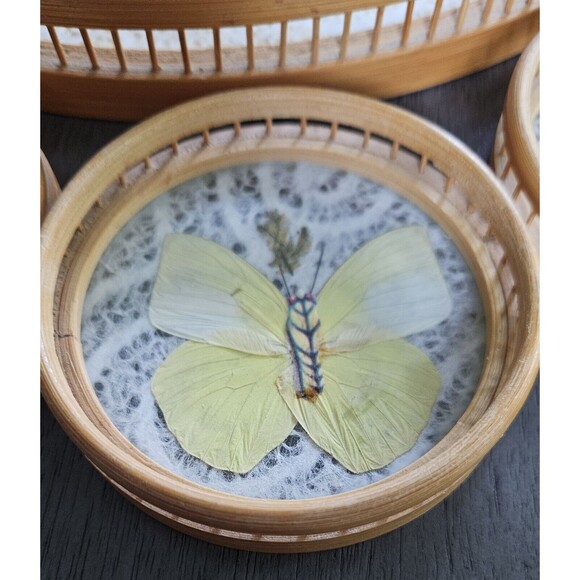 Vintage Round Bamboo Serving Tray Butterfly with Coasters Set of 7 Taiwan - Picture 5 of 12